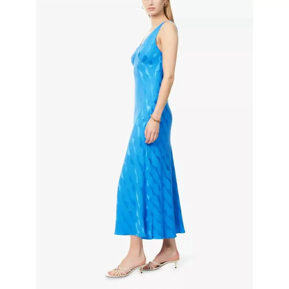 RIXO Bright Blue Wave-Print V-Neck Midi Dress